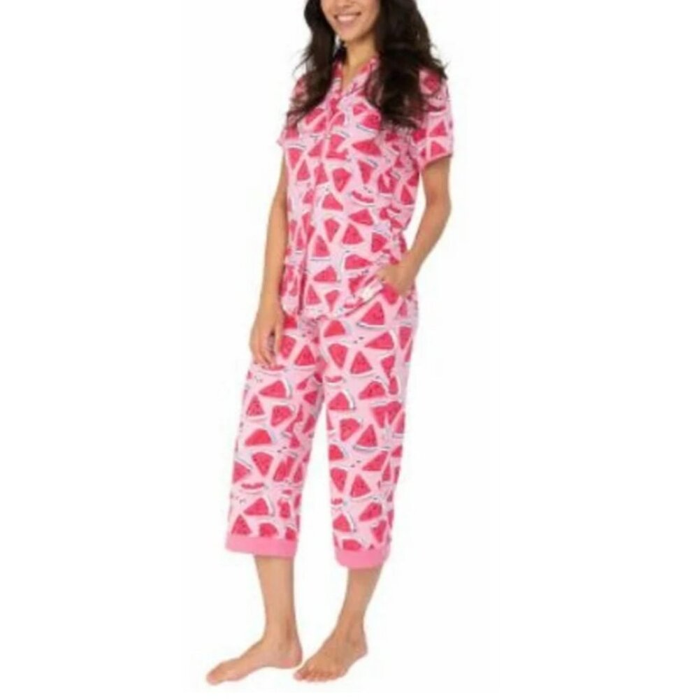Munki Munki Watermelon Print Pajama Set Womens Large Pink Top & Wide Leg Capri